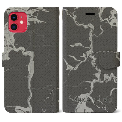 【若代（岡山県）】地図柄iPhoneケース（手帳タイプ）モノトーン・iPhone 11 用