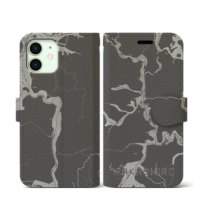 【若代（岡山県）】地図柄iPhoneケース（手帳タイプ）モノトーン・iPhone 12 mini 用