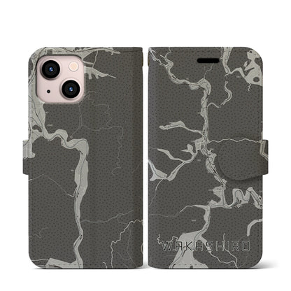 【若代（岡山県）】地図柄iPhoneケース（手帳タイプ）モノトーン・iPhone 13 mini 用