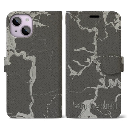 【若代（岡山県）】地図柄iPhoneケース（手帳タイプ）モノトーン・iPhone 14 用