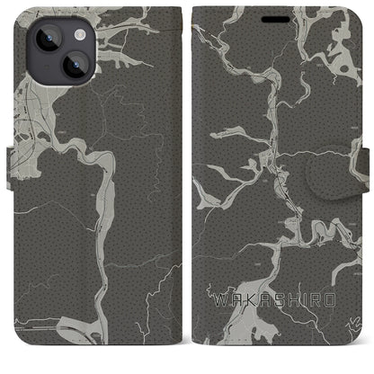 【若代（岡山県）】地図柄iPhoneケース（手帳タイプ）モノトーン・iPhone 14 Plus 用