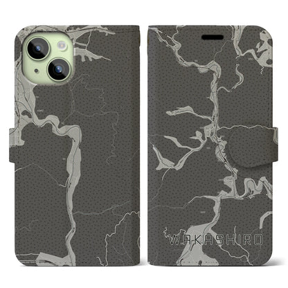 【若代（岡山県）】地図柄iPhoneケース（手帳タイプ）モノトーン・iPhone 15 用