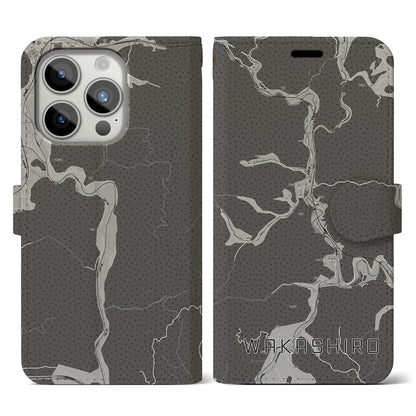 【若代（岡山県）】地図柄iPhoneケース（手帳タイプ）モノトーン・iPhone 15 Pro 用