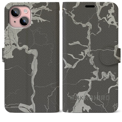 【若代（岡山県）】地図柄iPhoneケース（手帳タイプ）モノトーン・iPhone 15 Plus 用