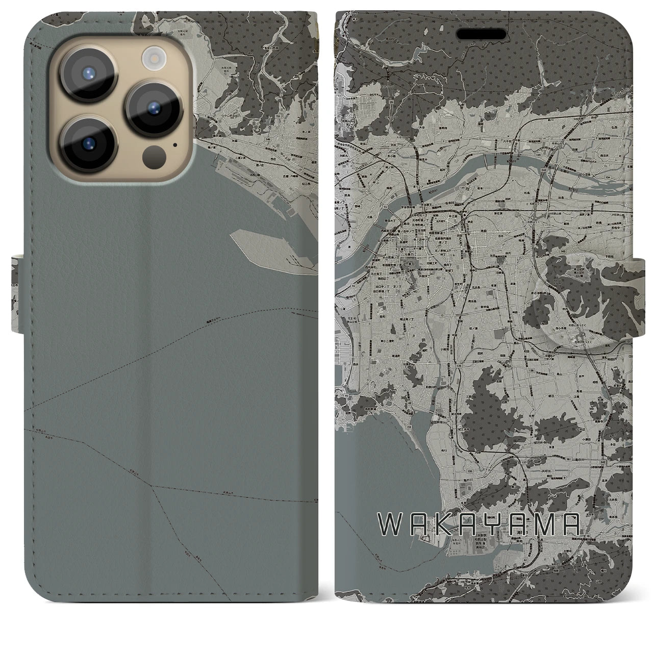 【和歌山】地図柄iPhoneケース（手帳両面タイプ・モノトーン）iPhone 14 Pro Max 用