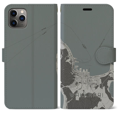 【稚内（北海道）】地図柄iPhoneケース（手帳タイプ）モノトーン・iPhone 11 Pro Max 用