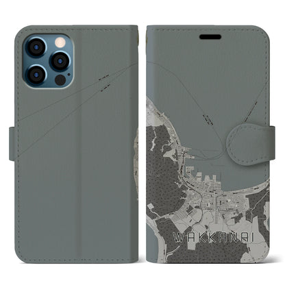 【稚内（北海道）】地図柄iPhoneケース（手帳タイプ）モノトーン・iPhone 12 / 12 Pro 用