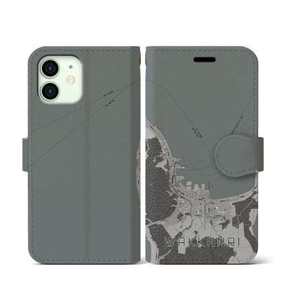 【稚内（北海道）】地図柄iPhoneケース（手帳タイプ）モノトーン・iPhone 12 mini 用