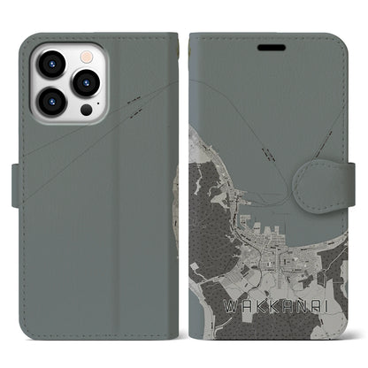【稚内（北海道）】地図柄iPhoneケース（手帳タイプ）モノトーン・iPhone 13 Pro 用