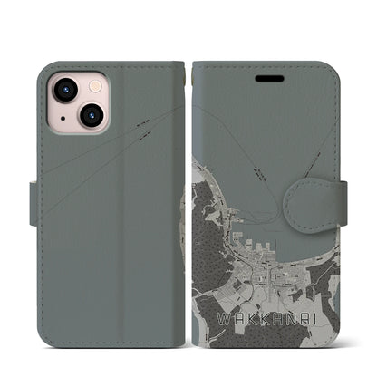 【稚内（北海道）】地図柄iPhoneケース（手帳タイプ）モノトーン・iPhone 13 mini 用