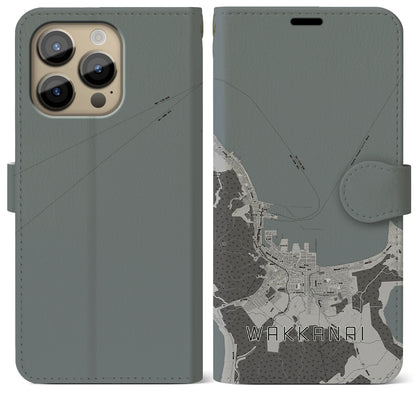 【稚内（北海道）】地図柄iPhoneケース（手帳タイプ）モノトーン・iPhone 14 Pro Max 用