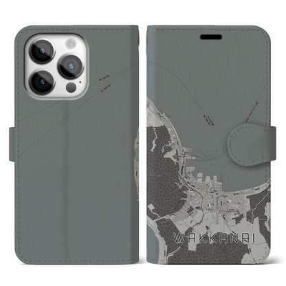 【稚内（北海道）】地図柄iPhoneケース（手帳タイプ）モノトーン・iPhone 14 Pro 用