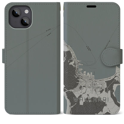 【稚内（北海道）】地図柄iPhoneケース（手帳タイプ）モノトーン・iPhone 14 Plus 用