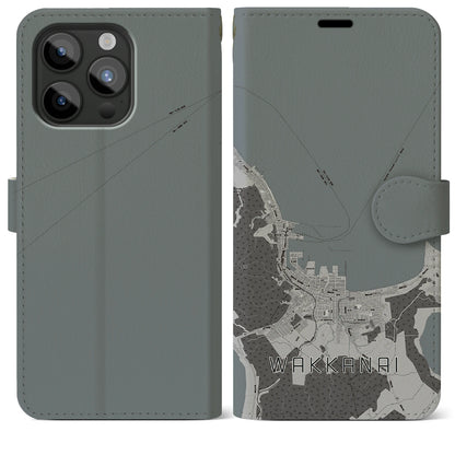 【稚内（北海道）】地図柄iPhoneケース（手帳タイプ）モノトーン・iPhone 15 Pro Max 用