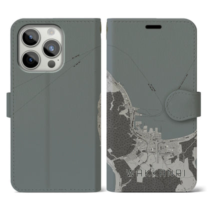 【稚内（北海道）】地図柄iPhoneケース（手帳タイプ）モノトーン・iPhone 15 Pro 用