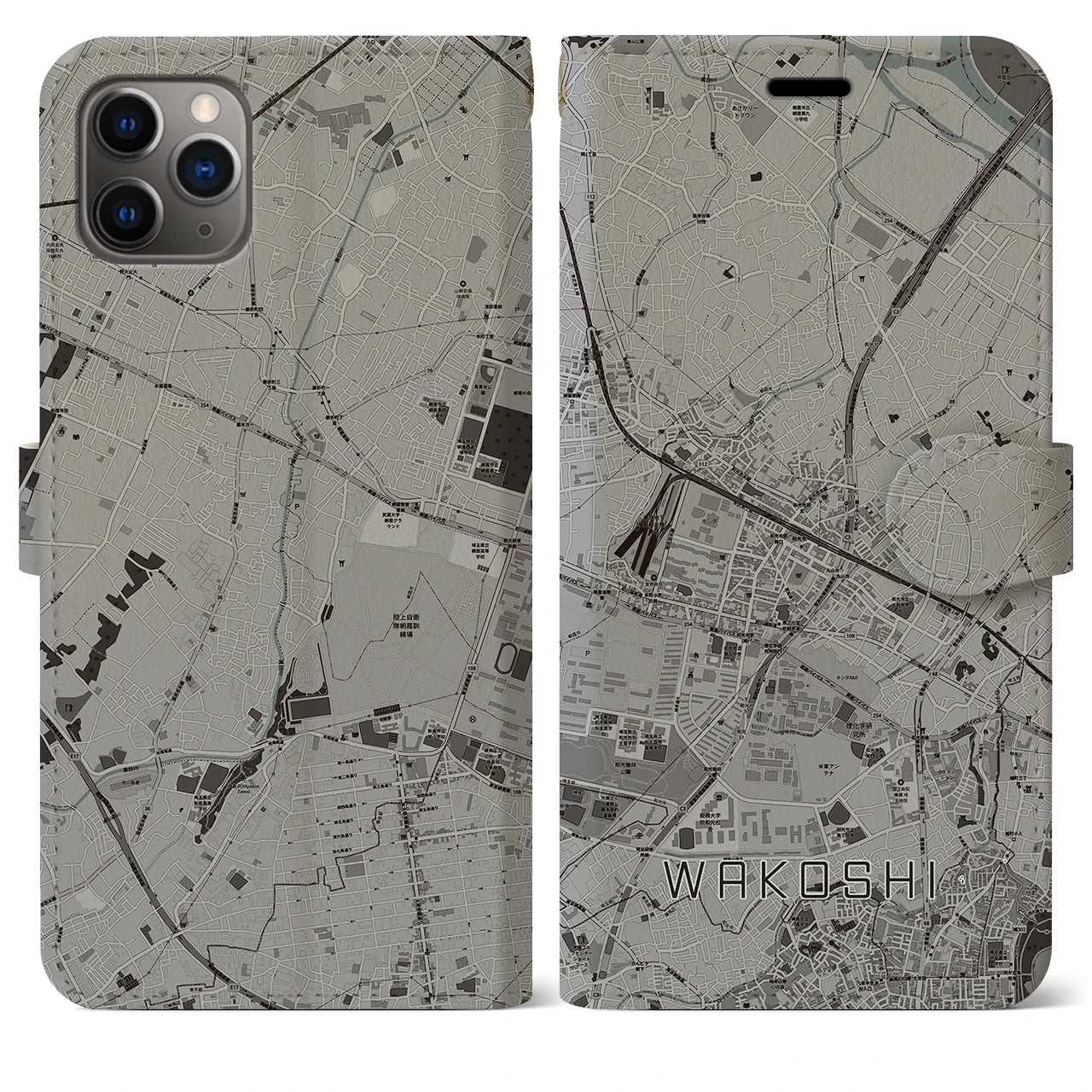 【和光市】地図柄iPhoneケース（手帳両面タイプ・モノトーン）iPhone 11 Pro Max 用