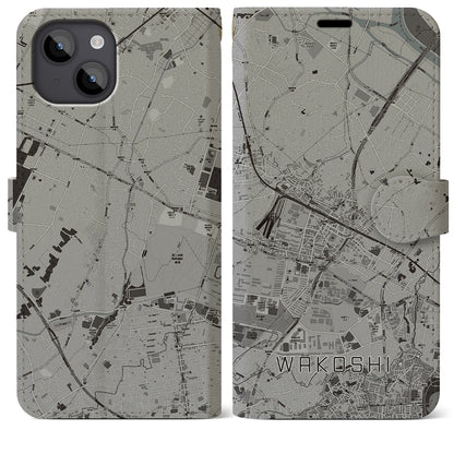 【和光市（埼玉県）】地図柄iPhoneケース（手帳タイプ）モノトーン・iPhone 14 Plus 用