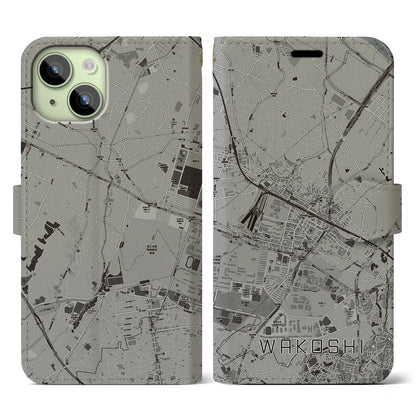 【和光市（埼玉県）】地図柄iPhoneケース（手帳タイプ）モノトーン・iPhone 15 用