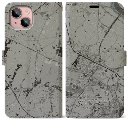 【和光市（埼玉県）】地図柄iPhoneケース（手帳タイプ）モノトーン・iPhone 15 Plus 用