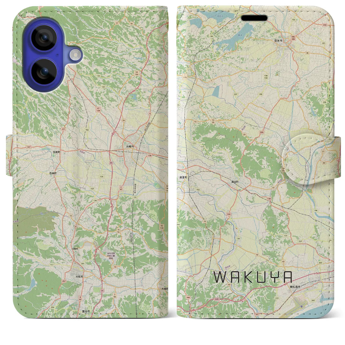 【涌谷（宮城県）】地図柄iPhoneケース（手帳タイプ）モノトーン・iPhone 16 Pro Max 用