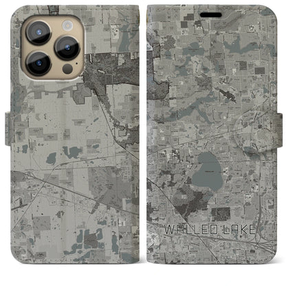 【ウォールドレイク（アメリカ）】地図柄iPhoneケース（手帳タイプ）モノトーン・iPhone 14 Pro Max 用