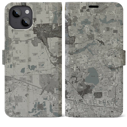 【ウォールドレイク（アメリカ）】地図柄iPhoneケース（手帳タイプ）モノトーン・iPhone 14 Plus 用