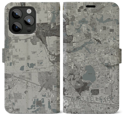 【ウォールドレイク（アメリカ）】地図柄iPhoneケース（手帳タイプ）モノトーン・iPhone 15 Pro Max 用