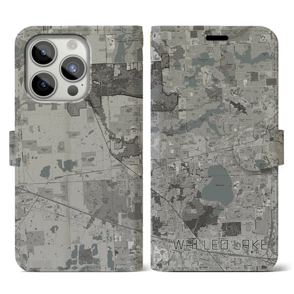 【ウォールドレイク（アメリカ）】地図柄iPhoneケース（手帳タイプ）モノトーン・iPhone 15 Pro 用