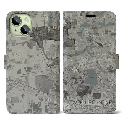 【ウォールドレイク（アメリカ）】地図柄iPhoneケース（手帳タイプ）モノトーン・iPhone 15 用