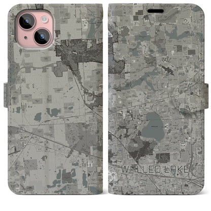 【ウォールドレイク（アメリカ）】地図柄iPhoneケース（手帳タイプ）モノトーン・iPhone 15 Plus 用