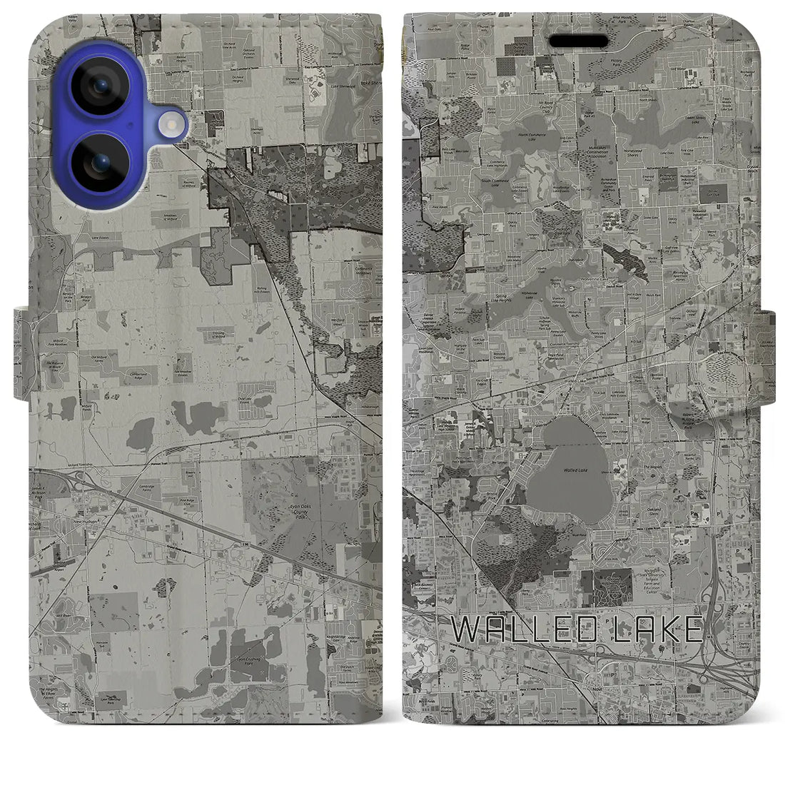 【ウォールドレイク(アメリカ)】地図柄iPhoneケース(手帳タイプ)モノトーン・iPhone 16 Pro Max 用