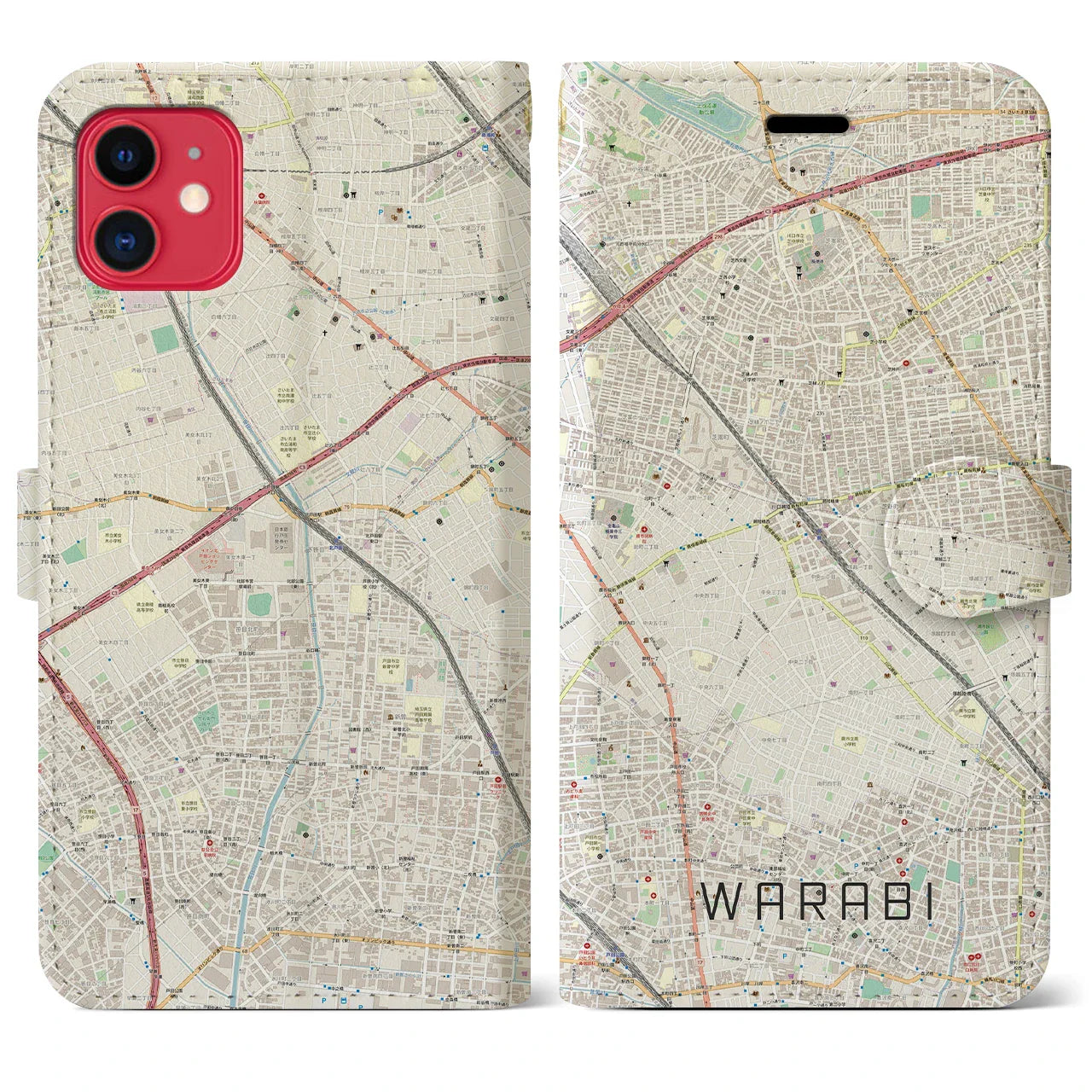 【蕨（埼玉県）】地図柄iPhoneケース（手帳タイプ）ナチュラル・iPhone 11 用