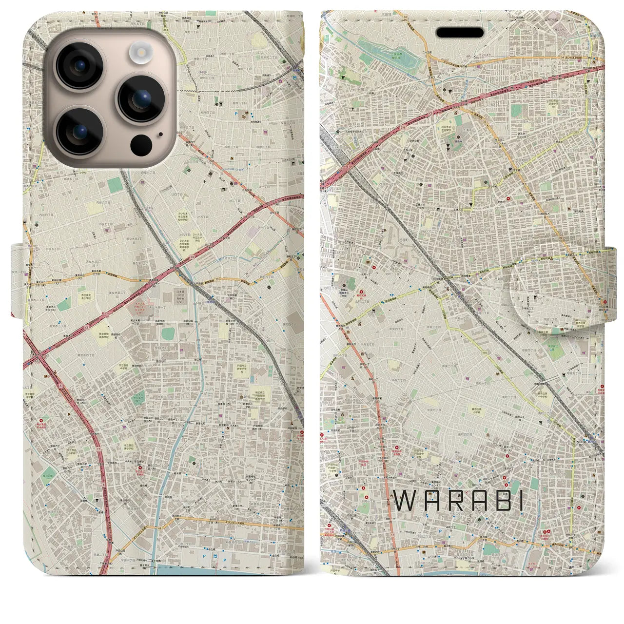 【蕨（埼玉県）】地図柄iPhoneケース（手帳タイプ）ナチュラル・iPhone 16 Plus 用