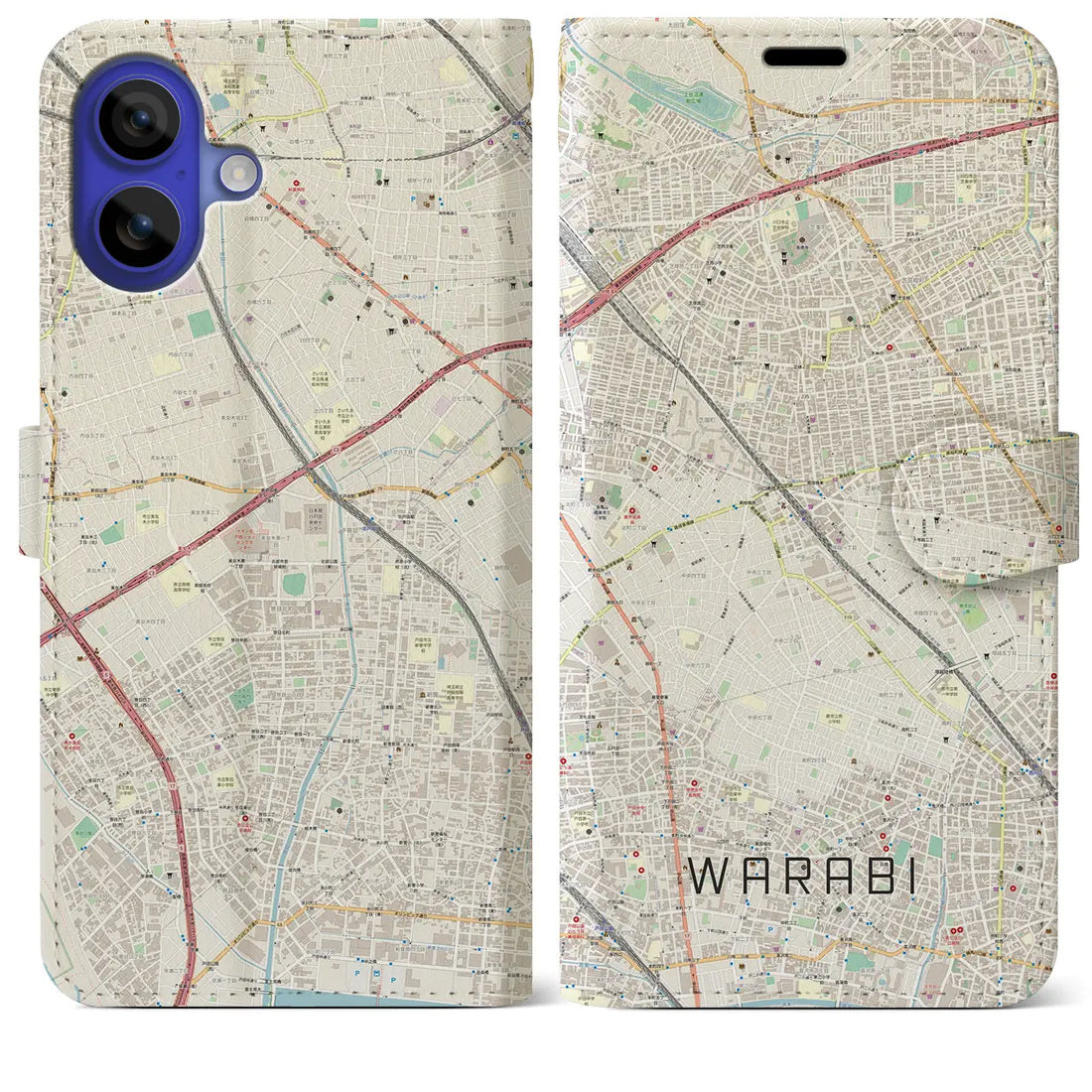 【蕨(埼玉県)】地図柄iPhoneケース(手帳タイプ)ナチュラル・iPhone 16 Pro Max 用