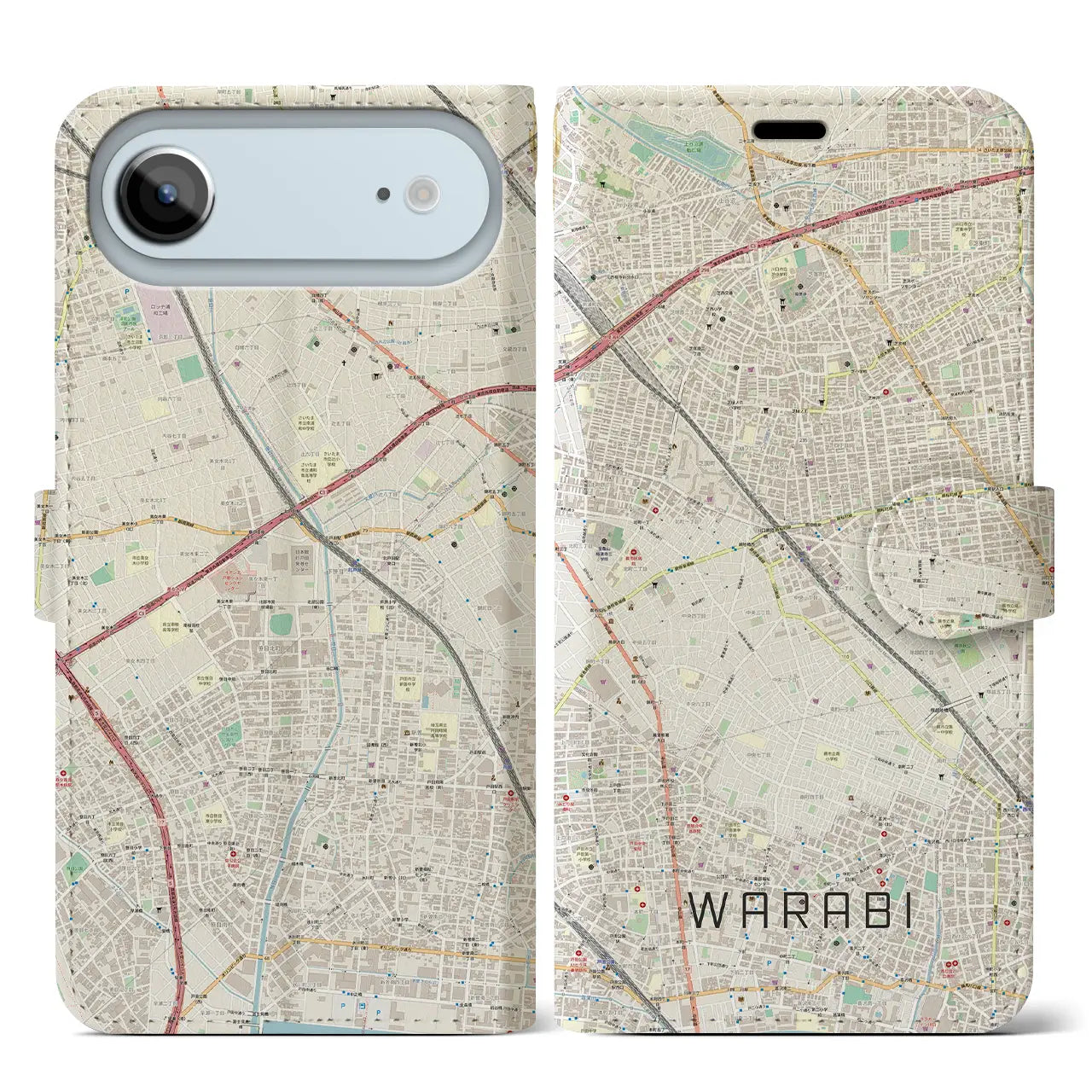 【蕨（埼玉県）】地図柄iPhoneケース（手帳タイプ）モノトーン・iPhone 17 Pro Max 用