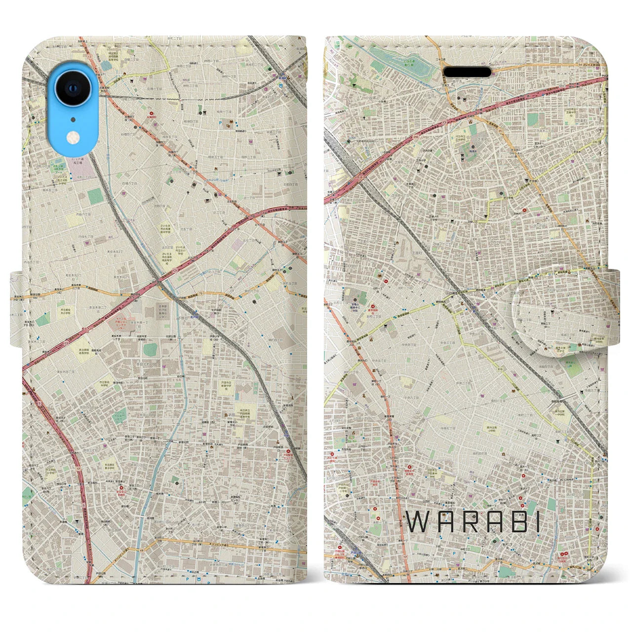 【蕨（埼玉県）】地図柄iPhoneケース（手帳タイプ）ナチュラル・iPhone XR 用