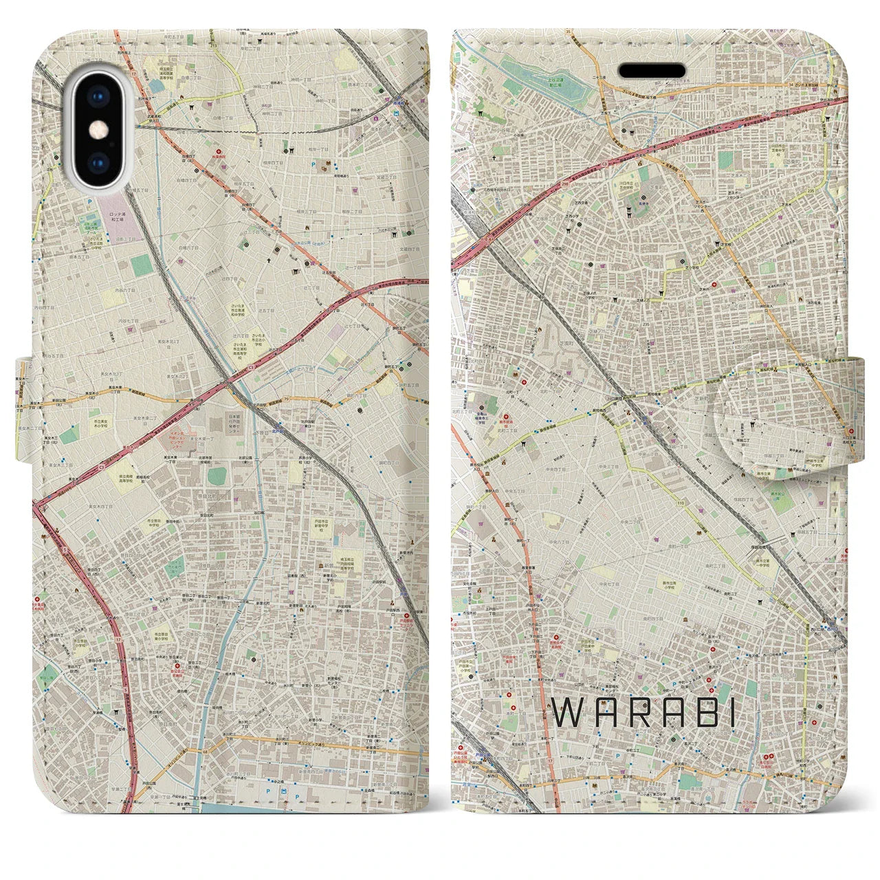 【蕨（埼玉県）】地図柄iPhoneケース（手帳タイプ）ナチュラル・iPhone XS Max 用