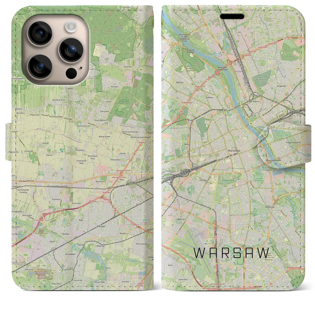 【ワルシャワ（ポーランド）】地図柄iPhoneケース（手帳タイプ）ナチュラル・iPhone 16 Plus 用