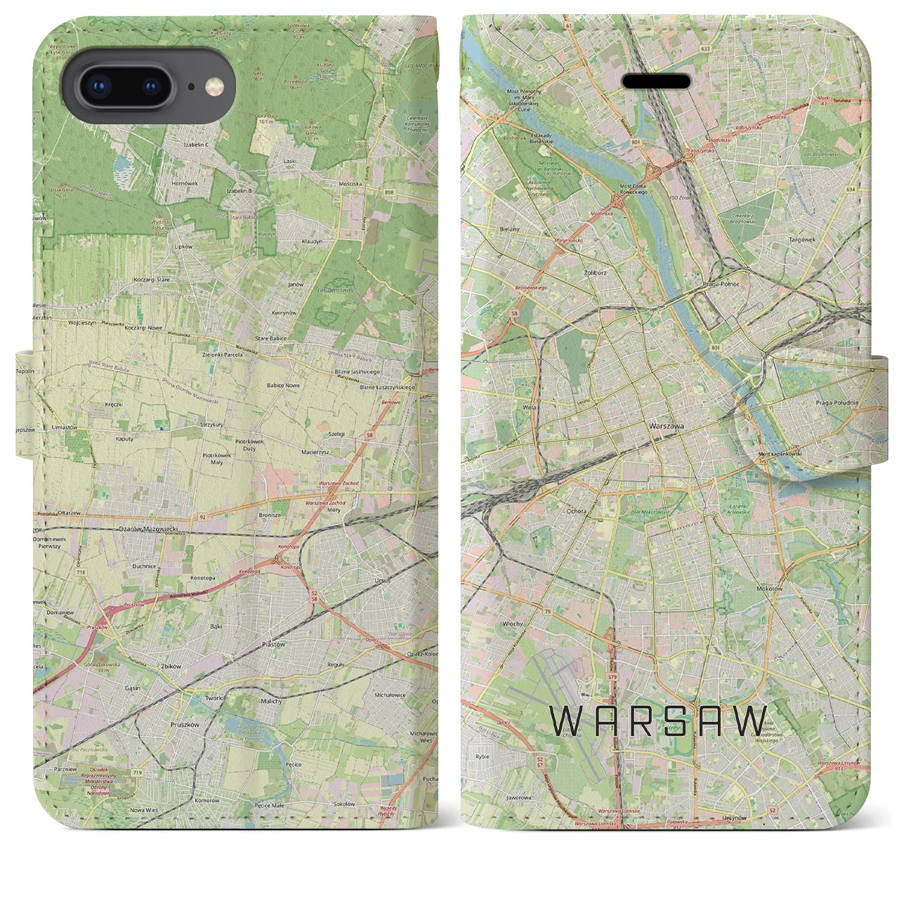 【ワルシャワ（ポーランド）】地図柄iPhoneケース（手帳タイプ）ナチュラル・iPhone 8Plus /7Plus / 6sPlus / 6Plus 用