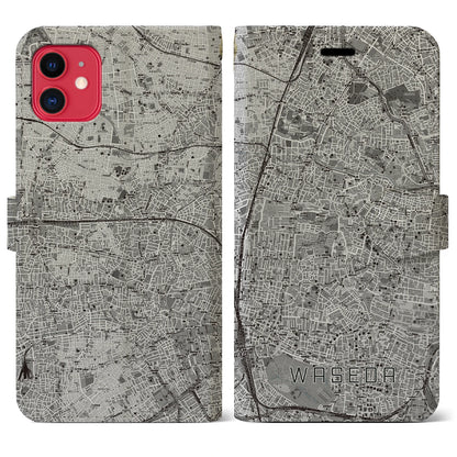 【早稲田2（東京都）】地図柄iPhoneケース（手帳タイプ）モノトーン・iPhone 11 用