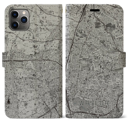 【早稲田2（東京都）】地図柄iPhoneケース（手帳タイプ）モノトーン・iPhone 11 Pro Max 用