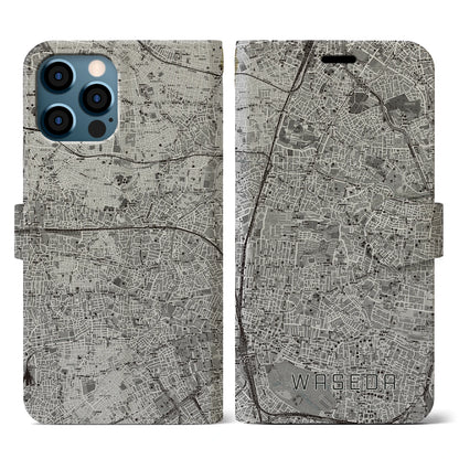 【早稲田2（東京都）】地図柄iPhoneケース（手帳タイプ）モノトーン・iPhone 12 / 12 Pro 用
