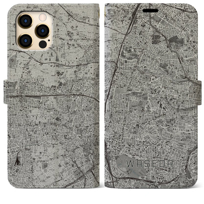 【早稲田2（東京都）】地図柄iPhoneケース（手帳タイプ）モノトーン・iPhone 12 Pro Max 用