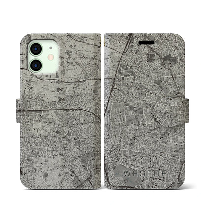 【早稲田2（東京都）】地図柄iPhoneケース（手帳タイプ）モノトーン・iPhone 12 mini 用