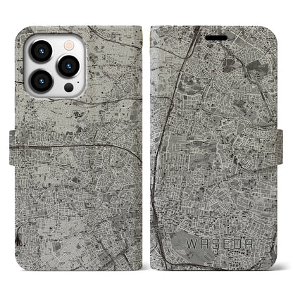 【早稲田2（東京都）】地図柄iPhoneケース（手帳タイプ）モノトーン・iPhone 13 Pro 用