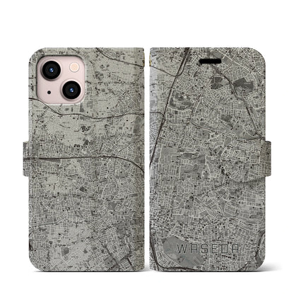 【早稲田2（東京都）】地図柄iPhoneケース（手帳タイプ）モノトーン・iPhone 13 mini 用