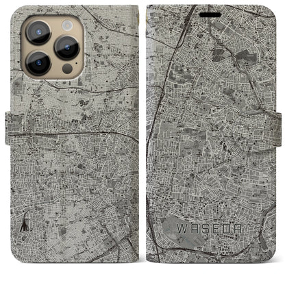 【早稲田2（東京都）】地図柄iPhoneケース（手帳タイプ）モノトーン・iPhone 14 Pro Max 用