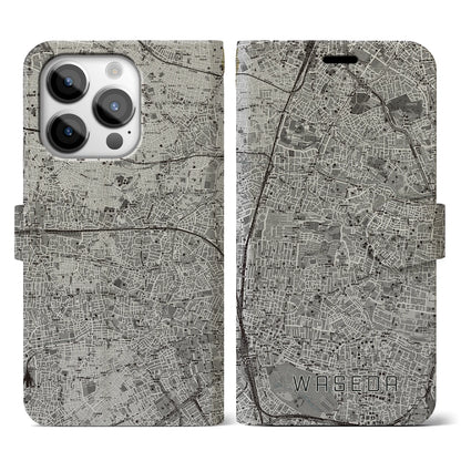 【早稲田2（東京都）】地図柄iPhoneケース（手帳タイプ）モノトーン・iPhone 14 Pro 用