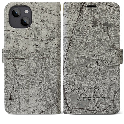 【早稲田2（東京都）】地図柄iPhoneケース（手帳タイプ）モノトーン・iPhone 14 Plus 用