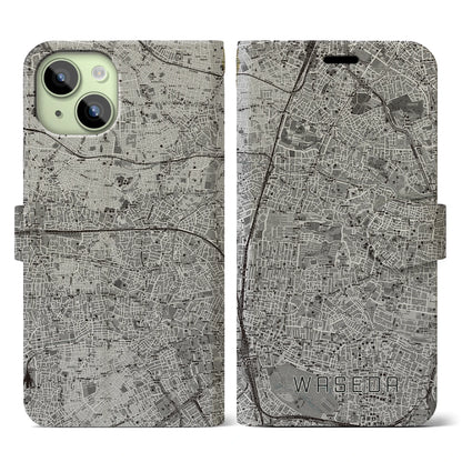 【早稲田2（東京都）】地図柄iPhoneケース（手帳タイプ）モノトーン・iPhone 15 用